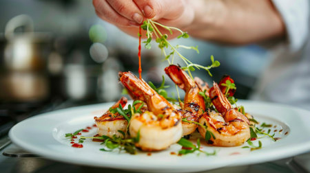 A chef garnishing grilled shrimp with microgreens and drizzling sauce on a white plate.の素材