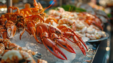 A seafood market stall with a display of fresh crabs, lobsters, and prawns on iceの素材