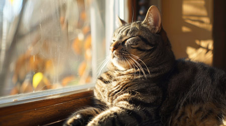 A chubby tabby cat lounging on a sunny window sill, looking content.の素材