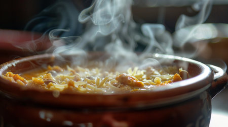 A close-up of a steaming hot bowl of soup, with steam rising invitingly.の素材