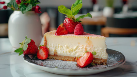 A slice of classic New York cheesecake garnished with fresh strawberries and mint leaves.の素材