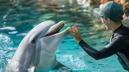A dolphin trainer feeding a dolphin during a training session at an aquarium.の素材
