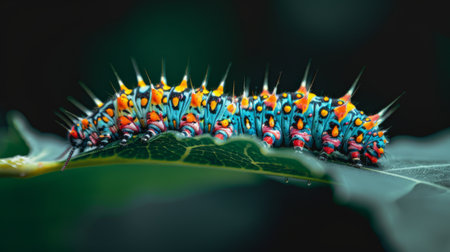 A caterpillar crawling on a leaf, showcasing its vibrant colors and unique patterns.の素材