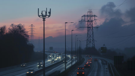 A cellphone tower next to a highway, with cars driving by and the tower looming overhead.の素材