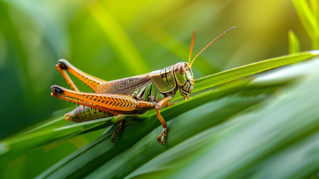 A grasshopper sitting on a green leaf, ready to jump.の素材
