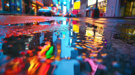 A cityscape with buildings under heavy rain, reflecting colorful lights in puddles on the street.の素材