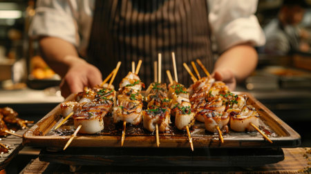 A chef presenting a platter of grilled squid tapas with toothpicks for sharing.の素材