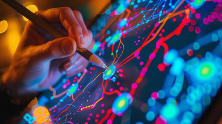 A close-up of a mind map being created on a digital tablet with a stylus.の素材