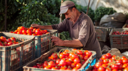 A farmer packing ripe tomatoes into crates for transport to the market.の素材