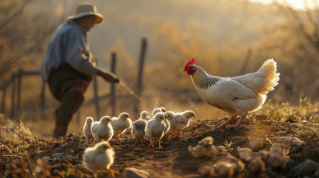 A farmer observing a mother hen teaching her chicks to dust bathe in dry soil.の素材