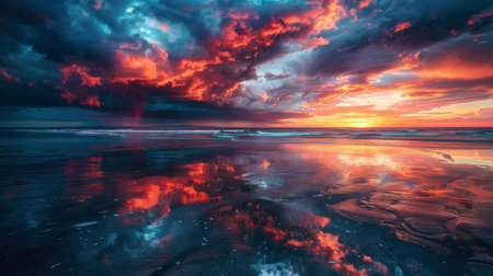 A dramatic sunset after a rainstorm, with vibrant colors reflecting on wet sand at the beach.の素材