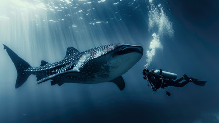 A diver swimming alongside a majestic whale shark, the largest fish in the ocean.の素材