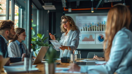 A businesswoman presenting a sales growth graph to colleagues in a meeting room.の素材