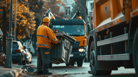 A garbage collector emptying a bin into a waste truck during a routine pickup route.の素材
