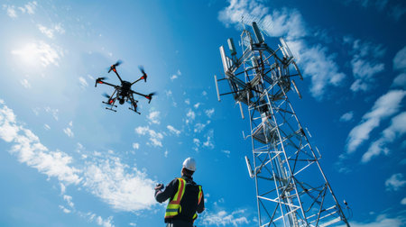 A technician using a drone to inspect a cellphone tower, with the drone hovering nearby.の素材