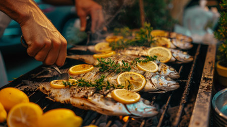 A chef preparing grilled fish fillets with lemon slices and herbs on a barbecue grill.の素材