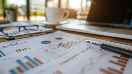 A financial report with stock market graphs and charts spread out on an office desk.の素材