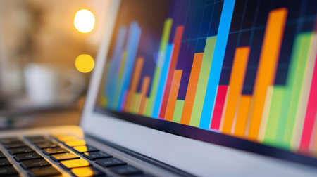 A close-up of a laptop screen displaying a colorful bar graph showing quarterly revenue.の素材