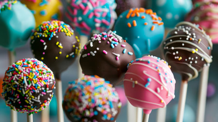 A variety of colorful cake pops decorated with sprinkles and chocolate drizzle.の素材