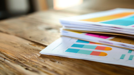 A stack of colorful business reports and graphs on a desk, illustrating market analysis.の素材