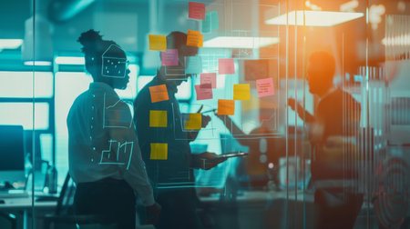 A team brainstorming with sticky notes and business graphs on a glass wallの素材