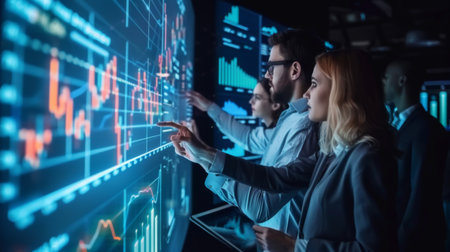 A team of professionals analyzing stock market graphs and charts on a large whiteboard.の素材