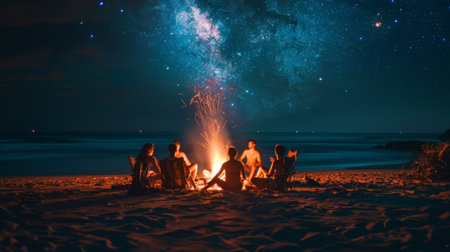 A group of friends sitting around a bonfire on the beach at night, with stars overhead.の素材
