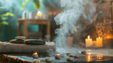A spa setting with steam rising from a hot stone massage table.の素材