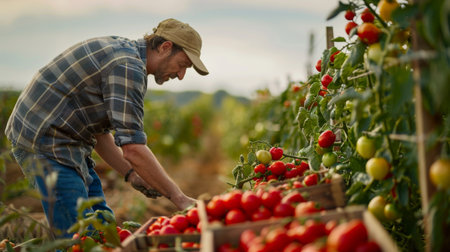 A farmer inspecting ripe tomatoes in a field before harvest, with crates in the background.の素材
