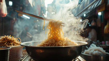 A steaming bowl of noodles being served at a bustling street food marketの素材