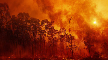 A forest wildfire blazing through trees and smoke billowing under a red sky, exacerbated by heatwaves.の素材