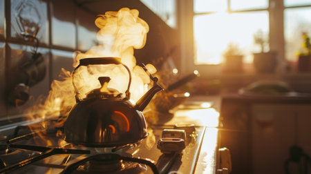 A kettle on a stove with steam pouring out of its spout, signaling it's readyの素材