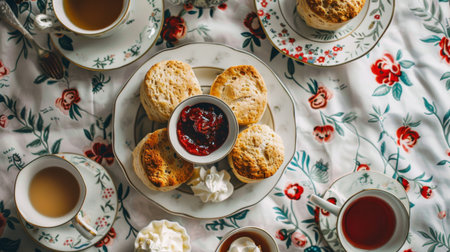 A traditional afternoon tea setup with scones, clotted cream, and strawberry jam on a floral tablecloth.の素材