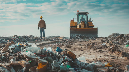 A landfill worker operating heavy machinery to manage and compact waste materialsの素材