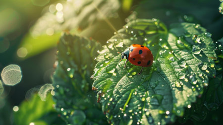 A ladybug crawling on a dewy green leaf in the morning sunlight.の素材