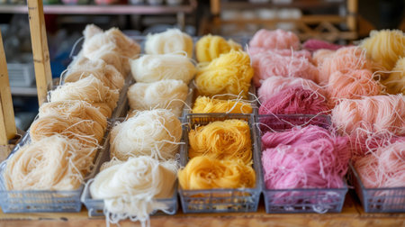 A tray of Roti Sai Mai arranged beautifully with different colored cotton candy threads.の素材
