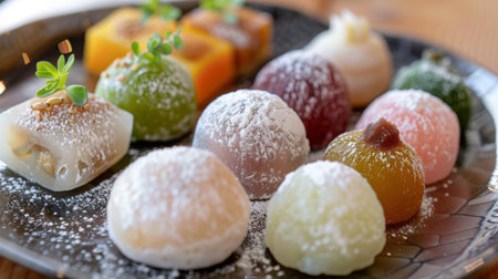 A selection of Japanese mochi desserts with different fillings and dusted with powdered sugar.の素材