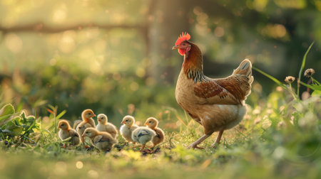 A mother hen and her chicks exploring a lush green meadow on a sunny day.の素材