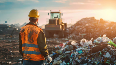 A landfill worker operating heavy machinery to manage and compact waste materialsの素材