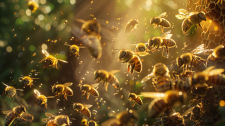 A swarm of bees around a hive, with some bees entering and others leaving.の素材