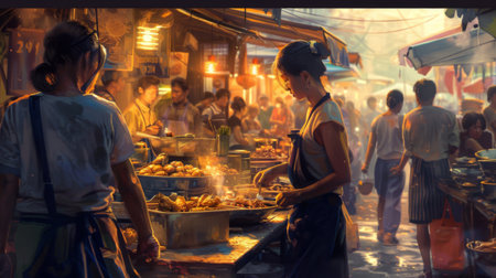 A street food scene with vendors selling Roti Sai Mai at a bustling market.の素材