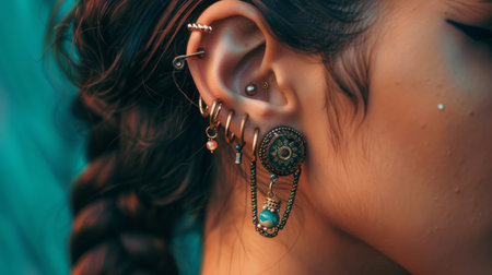 A teenager's ear with trendy cuff earrings and multiple ear piercings.の素材