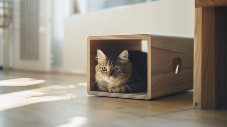 A minimalist cat house with clean lines and a comfortable interior for relaxation.の素材