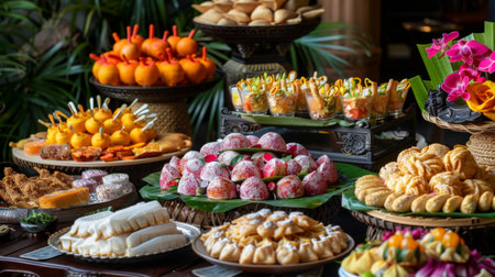 A Thai dessert buffet featuring Roti Sai Mai alongside other traditional sweets.の素材