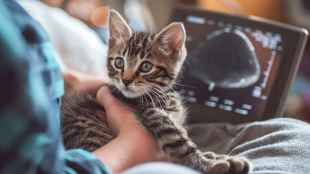 A veterinarian conducting an ultrasound scan on a pregnant cat to check on the kittens.の素材