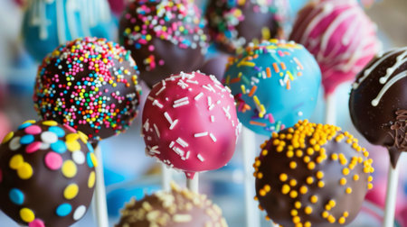 A variety of colorful cake pops decorated with sprinkles and chocolate drizzle.の素材
