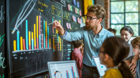 A teacher explaining a histogram graph to students using a chalkboard in a classroom.の素材