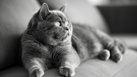 A plump British Shorthair cat sitting comfortably on a sofa, looking relaxed.の素材
