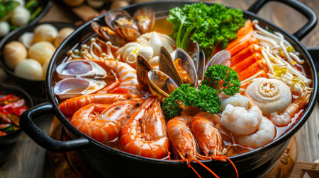 A seafood hot pot with assorted shellfish, vegetables, and noodles in a flavorful broth.の素材
