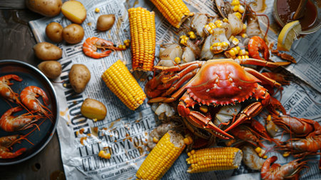 A seafood boil with crabs, shrimp, corn, and potatoes served on a newspaper-lined tableの素材